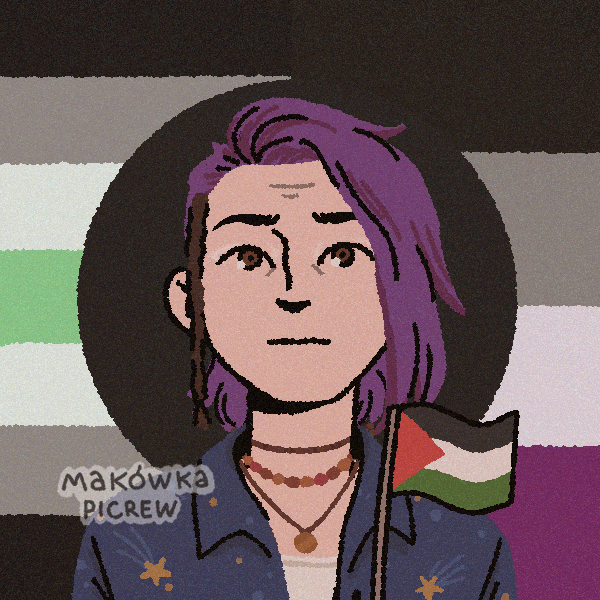 nio, ace and agender flag stripes in bg, purple hair white person foreground